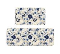 TZTTZT Tappetini da cucina antifatica per pavimento, 2 pezzi, con stampa floreale blu retrò, antiscivolo, lavabili, per ufficio, lavanderia, bagno, decorazione per la casa e accessori