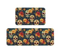 TZTTZT Tappetini da cucina antifatica per pavimento, 2 pezzi, con stampa retrò con teschio e fiori, antiscivolo, lavabili, per ufficio, lavanderia, bagno, decorazione per la casa e accessori