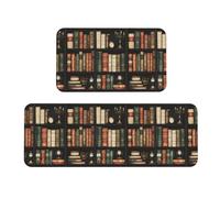TZTTZT Tappetini da cucina antifatica per pavimento, 2 pezzi, stampa retrò con libreria, antiscivolo, lavabili, per ufficio, lavanderia, bagno, decorazione per la casa e accessori