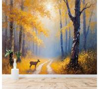 Tzxztt Autunno Foresta Cerbiatto Sentiero Nella Nebbia Alberi Dorati Moderna Carta Da Parati 3D Seta Pregiata Testurizzata Ideale Per La Camera Letto Del Soggiorno-200cm×140cm