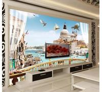 Tzxztt Bellissimo Balcone Uccelli In Volo Edifici Cittadini Fiume Moderna Carta Da Parati 3D Seta Pregiata Testurizzata Ideale Per La Camera Letto Del Soggiorno-250cm×170cm