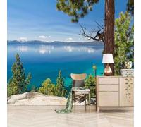 Tzxztt Blu Cielo Lago Montagne Alberi Moderna Carta Da Parati 3D Seta Pregiata Testurizzata Ideale Per La Camera Letto Del Soggiorno-250cm×170cm