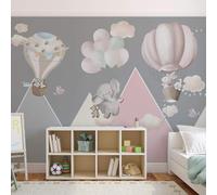 Tzxztt Cartone Animato Colorato Mongolfiera Elefante Coniglio Collina Moderna Carta Da Parati 3D Seta Pregiata Testurizzata Ideale Per La Camera Letto Del Soggiorno-350cm×256cm