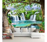 Tzxztt Cascata Alberi Lago Fiori Di Loto Uccelli In Volo Moderna Carta Da Parati 3D Seta Pregiata Testurizzata Ideale Per La Camera Letto Del Soggiorno-150cm×105cm