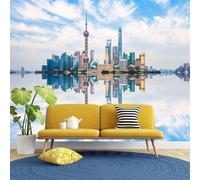 Tzxztt Cielo Azzurro Nuvole Bianche Città Edifici Riflessi Moderna Carta Da Parati 3D Seta Pregiata Testurizzata Ideale Per La Camera Letto Del Soggiorno-150cm×105cm