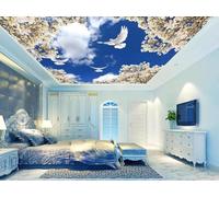Tzxztt Cielo Blu Nuvole Bianche Uccelli In Volo Bianco Fiori Moderna Carta Da Parati 3D Seta Pregiata Testurizzata Ideale Per La Camera Letto Del Soggiorno-150cm×105cm