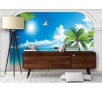 Tzxztt Cielo Blu Nuvole Bianche Uccelli In Volo Oceano Palme Da Cocco Moderna Carta Da Parati 3D Seta Pregiata Testurizzata Ideale Per La Camera Letto Del Soggiorno-350cm×256cm