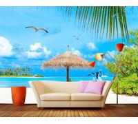 Tzxztt Cielo Mare Uccelli Alberi Spiaggia Moderna Carta Da Parati 3d Seta Pregiata Testurizzata Ideale Per La Camera Letto Del Soggiorno-400cm×280cm