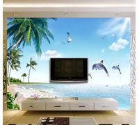Tzxztt Cielo Uccelli Mare Delfini Palme Da Cocco Moderna Carta Da Parati 3D Seta Pregiata Testurizzata Ideale Per La Camera Letto Del Soggiorno-250cm×170cm
