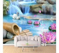 Tzxztt Cigni Lago Loto Roccia Cascata Moderna Carta Da Parati 3D Seta Pregiata Testurizzata Ideale Per La Camera Letto Del Soggiorno-430cm×300cm