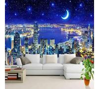 Tzxztt Città Architettura Fiumi Cielo Stellato Luna Moderna Carta Da Parati 3D Seta Pregiata Testurizzata Ideale Per La Camera Letto Del Soggiorno-250cm×170cm