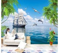 Tzxztt Delfini Palme Da Cocco Acqua Limpida Increspature Pianura Moderna Carta Da Parati 3D Seta Pregiata Testurizzata Ideale Per La Camera Letto Del Soggiorno-200cm×140cm