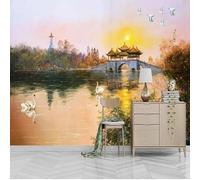 Tzxztt Disegnato A Mano Tramonto Riva Del Lago Piante Cigni Moderna Carta Da Parati 3D Seta Pregiata Testurizzata Ideale Per La Camera Letto Del Soggiorno-300cm×210cm