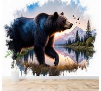 Tzxztt Montagne Lago Orso Bruno Foresta Uccelli Moderna Carta Da Parati 3D Seta Pregiata Testurizzata Ideale Per La Camera Letto Del Soggiorno-200cm×140cm