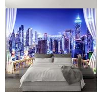 Tzxztt Tridimensionale Balcone Città Architettura Panorama Notturno Moderna Carta Da Parati 3D Seta Pregiata Testurizzata Ideale Per La Camera Letto Del Soggiorno-200cm×140cm