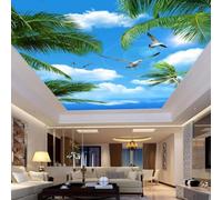 Tzxztt Tridimensionale Cielo Azzurro Nuvole Bianche Palme Da Cocco Uccelli In Volo Moderna Carta Da Parati 3D Seta Pregiata Testurizzata Ideale Per La Camera Letto Del Soggiorno-350cm×256cm