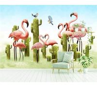 Tzxztt Verde Piante Cactus Uccelli In Volo Fenicotteri Moderna Carta Da Parati 3D Seta Pregiata Testurizzata Ideale Per La Camera Letto Del Soggiorno-150cm×105cm
