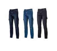U-Power TOMMI, jeans cargo da lavoro in tessuto elasticizzato con due grandi tasconi laterali con bottoni a pressione e fori porta penne (DEEP BLUE - 28)