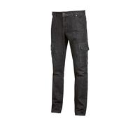 U-Power TOMMI, jeans cargo da lavoro in tessuto elasticizzato con due grandi tasconi laterali con bottoni a pressione e fori porta penne (BLACK CARBON - 32)