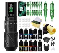 U-REX Kit completo di pistola per tatuaggi wireless, kit completo per principianti, penna rotante senza fili per tatuaggi, con batteria da 1600 mAh, 20 aghi per cartuccia, set per principianti (nero)