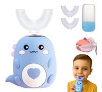 U Shaped Toothbrush, Lulabini Toothbrush Cleans All Their Teeth At Once, Dinobrush 360 Kids Ultrasonic Teethbrush With 4 Brush Head, Silent, 360° Full Mouth Cleaning (1PC-BLUE)