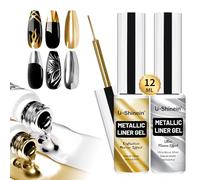 U-Shinein 2 X 12 ml Metallic Painting Gel Liner, Gold & Super Silver Metal Painted Drawing Gel, Strong Mirror Reflection Nail Art Paint, Nail Liner Gel, UV Nail Gel with Build in Thin Brush