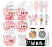 U-Shinein Set di 5 gel per unghie Solid Builder, 5 in 1, non appiccicoso 3D, con polvere per unghie dorata e argentata, punte per unghie finte per modellare artisti, costruttori e extension per unghie