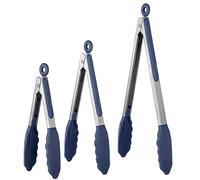 U-Taste Pinza da Cucina Silicone Resistente a 250°C, Set di 3, Blu notte | Punte in Gomma Antiaderente ben Sigillate e Manico in Acciaio Rivestito in Silicone e Bloccaggio Liscio