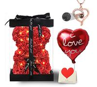 U UQUI Red Rose Bear Gifts, Flower Bear Rose Teddy Bear with Box Lights Necklace Balloon Card, Cute Romantic I Love You Mothers Day Anniversary Birthday Gifts & Decorations