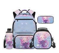 Uacyareni Set di 4 zaini per bambini, con tasche multiple, grande zaino per la scuola con scomparto per il pranzo, 10-12 anni, Coppia Axolotl, Zainetto