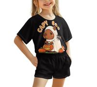 Uacyareni Simpatico pigiama da ragazza Capybara, 2 pezzi, top a maniche corte e pantaloncini, morbido e traspirante, abbigliamento da salotto per ragazze, 2 pezzi, biancheria da notte a maniche corte