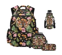 Uacyareni Zaini per bambini per ragazze e ragazzi, set da 4 pezzi, zaini per la scuola media con borsa termica per il pranzo, Farfalla floreale tropic, Zainetto