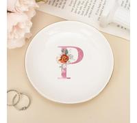 UanMere Piatto per gioielli in ceramica con iniziali P, vassoio in ceramica con monogramma per braccialetti e collane, acquerello rosa lettera rosa fiore fidanzamento San Valentino regali di nozze per