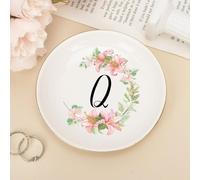 UanMere Vassoio in ceramica per gioielli, anello per collana chiave, monogramma floreale, lettera personalizzata, decorazione dorata, orecchini rotondi per San Valentino, regali del Ringraziamento per