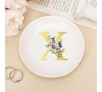 UanMere Vassoio per anelli in ceramica con iniziali X, supporto per anelli con monogramma per orologi e gioielli, con lettere dell'alfabeto dorate, fiori viola, San Valentino, anniversario