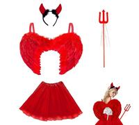 UAVAUI Set di costumi da diavolo per Halloween, 4 pezzi, con ali da diavolo, corno da diavolo, gonna da diavolo e forchetta rossa da diavolo, costume per Halloween, cosplay, decorazione per feste