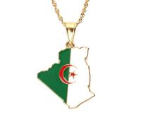 UBBVPKY Collana Con Mappa Della Moda Dell'Algeria Per Donna E Uomo Retro Etnico Con Mappa Bandiera Alfabeto Ciondolo Catena Per Clavicola Gioielli Hip Hop Regalo Per Feste Giallo 50Cm