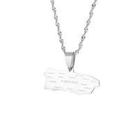 UBBVPKY Collana Con Mappa Di Porto Rico Alla Moda Per Donne E Uomini Mappe Etniche Retrò Bandiera Alfabeto Ciondolo Catena Per Clavicola Classico Gioiello Hip Hop Regalo Per Feste Bianco-C 60Cm