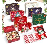 UBERMing 8 Pezzi Scatole di Latta per Biscotti Natale con 100 Sacchetti per Biscotti, Scatola di Latta Rettangolare per Dolci Tè Caffè Buoni Regalo Bomboniere