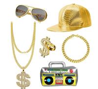 UBERMing Set Accessori Rapper Costume Hip Hop Collana e Anello con Segno del Dollaro Bracciale in Oro Rapper Cappello e Occhiali da Sole Hip Hop Gonfiabile Boom Box Anni '80 '90 Accessori per Rapper