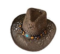 UBOHUZ 2 Pezzi Cappelli Estivi Vintage da Spiaggia in Paglia Donna e Uomo Cowboy Occidentali con Perline di Legno Cappello Sole Traforato Festa per Vacanza(Coffee)