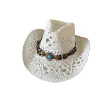 UBOHUZ 2 Pezzi Cappelli Estivi Vintage da Spiaggia in Paglia Donna e Uomo Cowboy Occidentali con Perline di Legno Cappello Sole Traforato Festa per Vacanza(White)