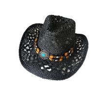 UBOHUZ 2 Pezzi Cappelli Estivi Vintage da Spiaggia in Paglia Donna e Uomo Cowboy Occidentali con Perline di Legno Cappello Sole Traforato Festa per Vacanza(Black)