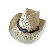 UBOHUZ 2 Pezzi Cappelli Estivi Vintage da Spiaggia in Paglia Donna e Uomo Cowboy Occidentali con Perline di Legno Cappello Sole Traforato Festa per Vacanza(Beige)