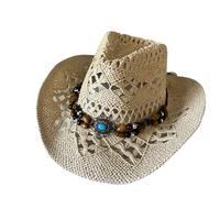 UBOHUZ 2 Pezzi Cappelli Estivi Vintage da Spiaggia in Paglia Donna e Uomo Cowboy Occidentali con Perline di Legno Cappello Sole Traforato Festa per Vacanza(Light Khaki)