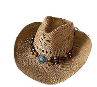 UBOHUZ 2 Pezzi Cappelli Estivi Vintage da Spiaggia in Paglia Donna e Uomo Cowboy Occidentali con Perline di Legno Cappello Sole Traforato Festa per Vacanza(Khaki)