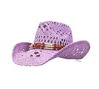 UBOHUZ 2 Pezzi Cappello da Cowboy Occidentale in Paglia for Donna e Uomo Classico Vintage Traforato Unisex Spiaggia Pesca Arrampicata per Vacanza(Purple)