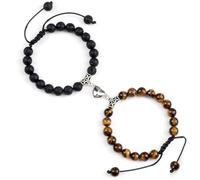 UBOHUZ Braccialetti di distanza 2 pezzi/set perline di pietra braccialetto intrecciato amanti cuore magnete braccialetto regolabile amico gioielli Per Donna(Lava-Tiger Eye)