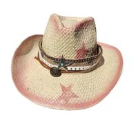 UBOHUZ Cappello da Cowboy a Trama Cava, Cappello di Paglia, Jazz a Stella, Erba, Western in Denim, Viaggio per Vacanza(Beige Pink)