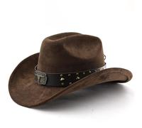 UBOHUZ Cappello da Cowboy Western in Finta Pelle Scamosciata con Testa di Toro, Cappello a Cilindro Jazz, in Feltro, Parasole, Grande a gronda per Vacanza(Brown)